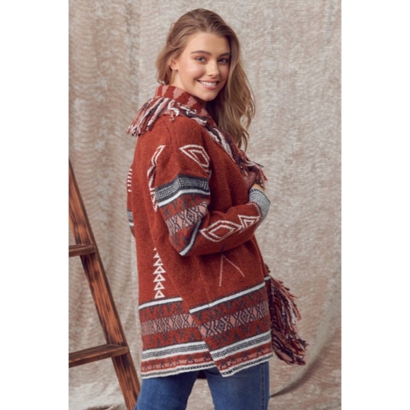 SOLD OUT Cowichan Boho Aztec Native Fringe Print Soft Knit Cardigan Sweater - Picture 6 of 9